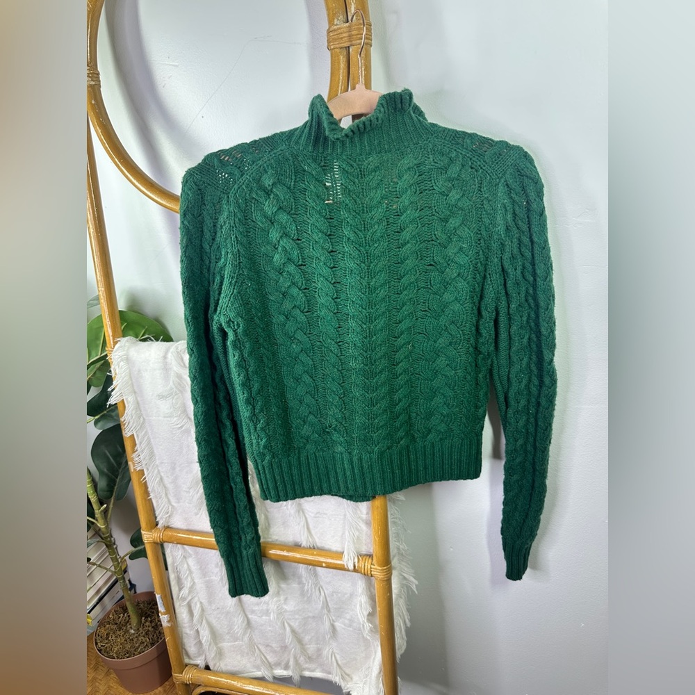 J.Crew Cable-knit Ruffleneck Cardigan Sweater Green sz S - Picture 6 of 8